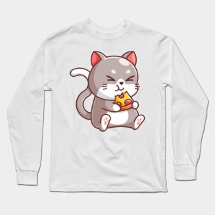 Cute cat eating pizza cartoon Long Sleeve T-Shirt